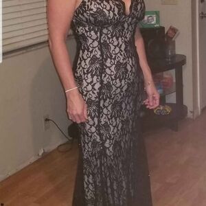 R & M Richards Black Maxi Gown with Plunge Neckline for Prom